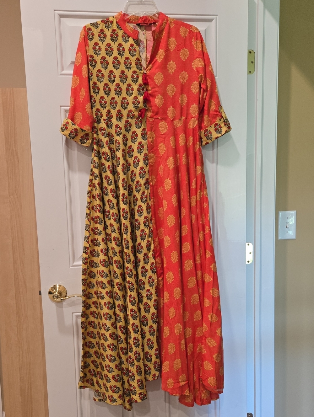 Two-Tone Coral and Yellow Printed Maxi Full Circle Dress